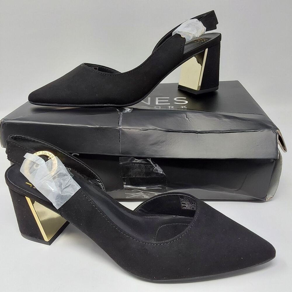 Jones New York Candree Womens 7.5M Black Pointed Toe Slingback Block Heels NWB